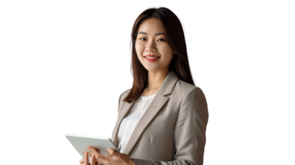 Young smiling successful professional leader Asian business woman. transparent, isolated on white. PNG.