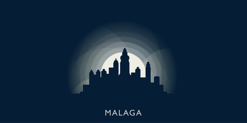Obraz premium Malaga cityscape skyline city panorama vector flat modern banner illustration. Spain town emblem idea with landmarks and building silhouettes at sunrise sunset night