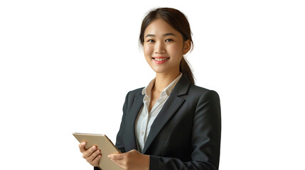 Young smiling successful professional leader Asian business woman. transparent, isolated on white. PNG.