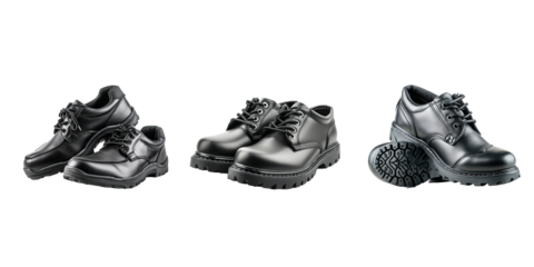Pair of black safety leather shoes transparent, isolated on white. PNG. Work shoes for men in factory or industry to protect foot from accident. Safety footwear.