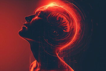 Profile of a person's head with brain activity highlighted in red. Concept: Brain Health.
