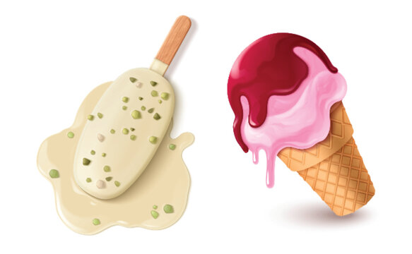 Melted ice cream in waffle cup and on stick. Realistic 3d vector set of popsicle with chips fallen on floor and pink fruit sundae with red jam thawing in sun. spilled and dripping cold dessert.