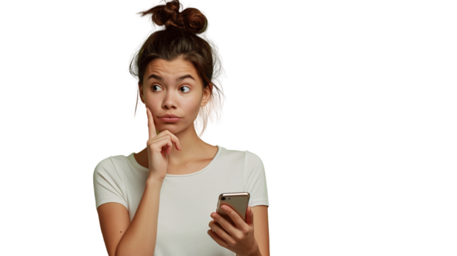 Young thoughtful unsure latin woman holding hand on chin using mobile phone. transparent, isolated on white. PNG.