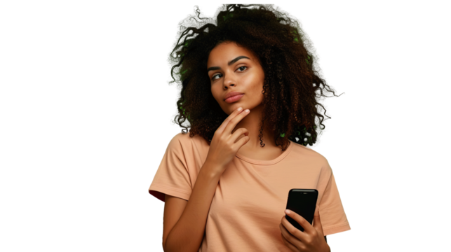 Young thoughtful unsure latin woman holding hand on chin using mobile phone. transparent, isolated on white. PNG.