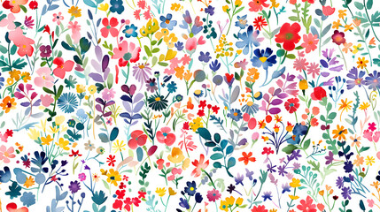 A seamless pattern featuring a vibrant array of colorful wildflowers and greenery on a white background. Ideal for textile designs, wallpapers, and cheerful decorative projects.