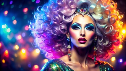 Elegant Drag Queen Commands the Stage with Colorful Makeup, Wigs, and Dramatic Lighting, Enticing Spectators.