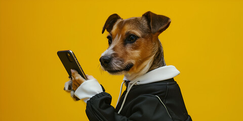 Studio photo portrait of a happy dog in black clothes with phone, concept of Smiling and Professional,