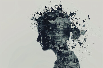 Silhouette of a woman with a bun, head shattering into pieces, concept of mental breakdown.

