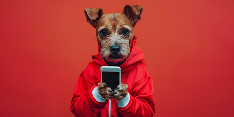 Portrait of a fashionable dog with a red hoodie using smart phone on red background,