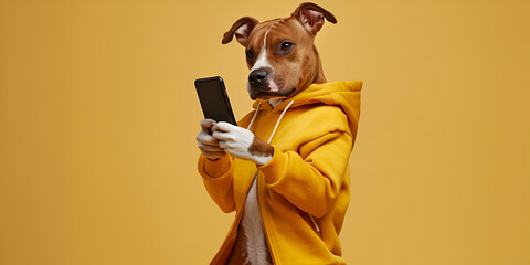 A dog wearing a yellow jacket on yellow background with holding smartphone 