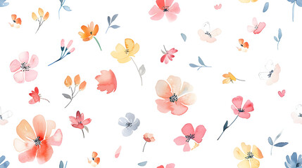 A seamless pattern featuring delicate and pastel watercolor flowers on a white background. Perfect for textile designs, wallpapers, and elegant decorative projects