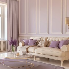 Modern Living Room in Soft Pink Tones with Minimalist Decor and Plush Comfort