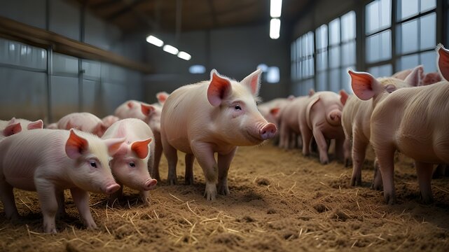 Curious pigs in Pig Breeding farm in swine business in tidy and clean indoor housing farm, with pig mother feeding piglet.