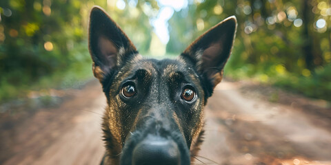 The Portrait Of Staring Purebred Short-Haired German Shepherd Adult Dog ,closed Jaws, on the autumn forest road,