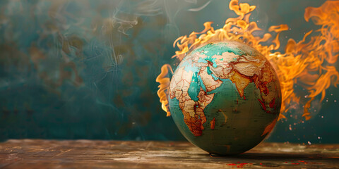 Planet earth burning in flames Global warming concept on dark background,


