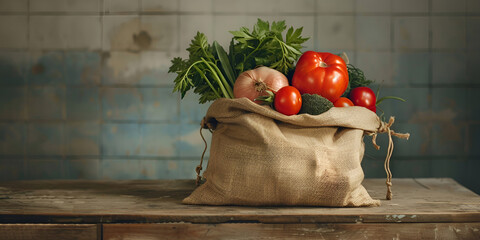Beautiful fresh set of groceries in a grocery cloth bag on wooden background food concept