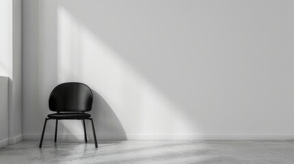 Black chair in the interior of a room with a white wall  