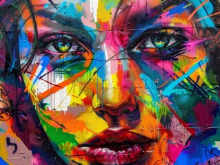 A colorful graffiti mural with a textured design decorates the grunge wall