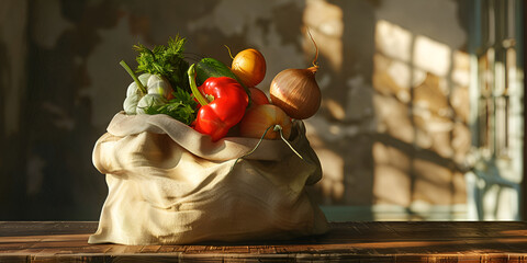 a bag of fresh vegetables with a brown wooden table background