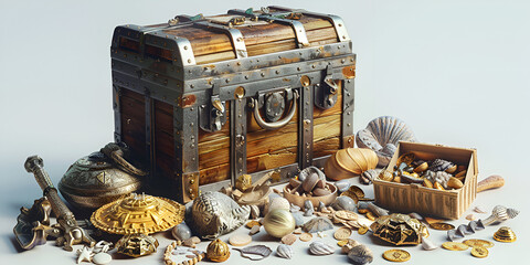 Pirate treasure chest full of gold coins and jewellery isolated on white,wealth accumulation, wealth display, ancient wealth, antique riches, 