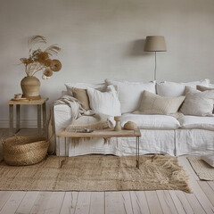 Cozy Scandinavian living room with layered rugs, a fabric sofa, and a focus on natural materials.