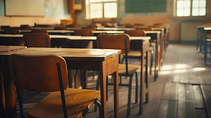 Empty Classroom. Back to school concept in high school. Classroom Interior Vintage Wooden Lecture Wooden Chairs and Desks. Studying lessons in secondary education.