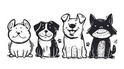 Obraz na płótnie Canvas Charming black and white line art of four happy dogs sitting in a row, each with distinct features. Ideal for pet-themed designs and playful illustrations.