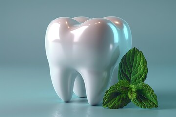 Modern illustration featuring a tooth displaying a mint leaf in a futuristic digital polygonal style on a blue background.