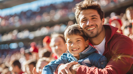 A joyful father and son smiling and enjoying a sports event in a stadium filled with cheering fans. Ideal for themes related to family, bonding, and sports