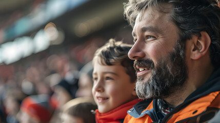 A father and son smiling and enjoying a sports game in a crowded stadium. Ideal for themes related to family bonding, sports, and outdoor activities