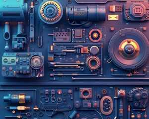 Fototapeta premium Machine blueprint top view engineering theme 