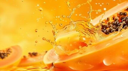 Close-up image capturing the dynamic splash of juice with a ripe papaya and seeds flying, showcasing a refreshing and vibrant atmosphere