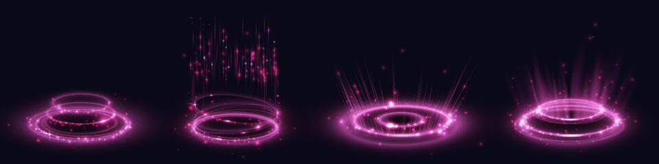 Pink hologram portals set isolated on black background. Vector realistic illustration of round light teleports with glowing mist and shimmering particles, scifi game podiums, futuristic laser rings