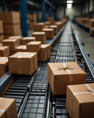 Package shipping fulfillment center with boxes on assembly line. warehouse goods in cartons factory storage Shipping merchandise room Logistics background
