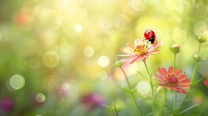 A vibrant image capturing a ladybug on the petal of a blooming flower with soft bokeh in the background