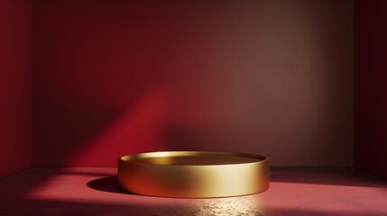 Elegant golden podium in a red room with dramatic lighting, perfect for sophisticated product displays.