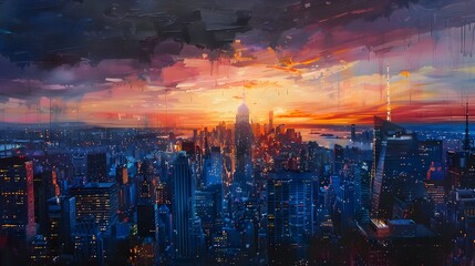 Captivating Panoramic View of a Bustling Cityscape at Twilight with Shimmering Skyscrapers under a...