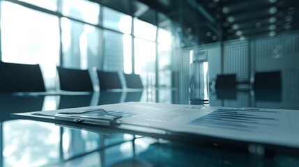 Close-up of a clipboard and documents on a glass table in a conference room, with chairs and daylight illuminating the setting