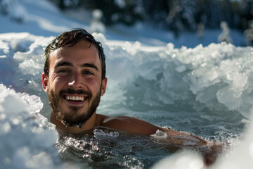 A man using an ice plunge pool bath for recovery after sports exercise