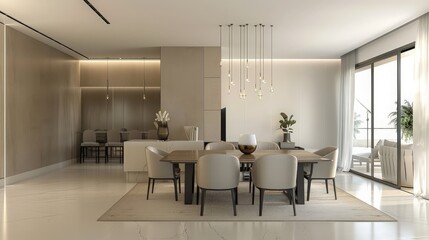 Modern interior design of apartment, dining room with table and chairs. generative ai