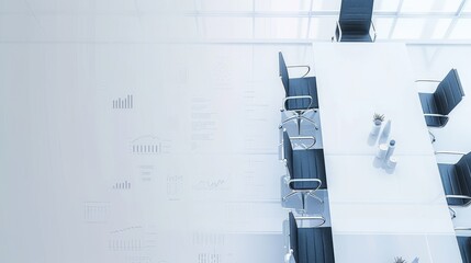 This image shows a sleek, contemporary office meeting room with transparent glass walls filled with graphical business charts and light-colored furniture