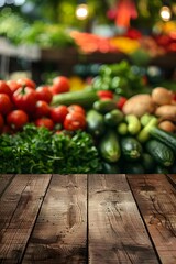 Organic market store scene with empty wooden pedestal against blurred backdrop of assorted vegetables and fruits, highlighting healthy and vegetarian product offerings