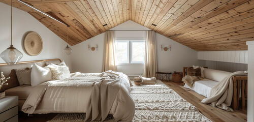 Cozy Scandinavian loft bedroom with a wooden ceiling, a plush bed setup, and a serene, inviting atmosphere.
