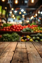 Organic market store scene with empty wooden pedestal against blurred backdrop of assorted vegetables and fruits, highlighting healthy and vegetarian product offerings