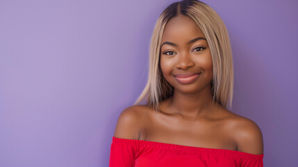 Portrait of woman with waist-length straight blonde hair, wearing vibrant red off-shoulder top, smiling warmly against muted lavender background.
