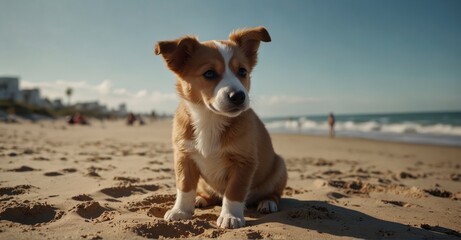Immerse yourself in the sheer joy of a puppy's beachside bliss, as it luxuriates on the warm sand under the gentle kiss of the sun, embodying the carefree spirit of a perfect day by the shore.
