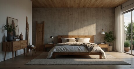 Dive into modern simplicity with this bedroom's Scandinavian loft design, featuring a rustic wooden bed against a white wall, creating a peaceful atmosphere with room for personal touches