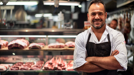 Fototapeta premium Friendly butcher stands confidently at meat counter, arms crossed, flashing warm smile. Dressed in pristine white apron, exuding professionalism. Display case showcases succulent raw steaks