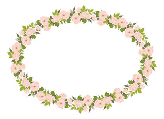 Romantic floral oval frame, elegant pastel pink flowers, buds and green leaves. A wreath of summer flowers for a wedding invitation in Provence style. Vector flat illustration.