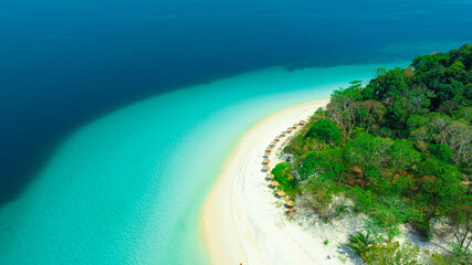 Aerial view of islands, Andaman Sea, natural blue waters and forests, tropical sea of Thailand. Beautiful scenery of the island with beautiful nature.	